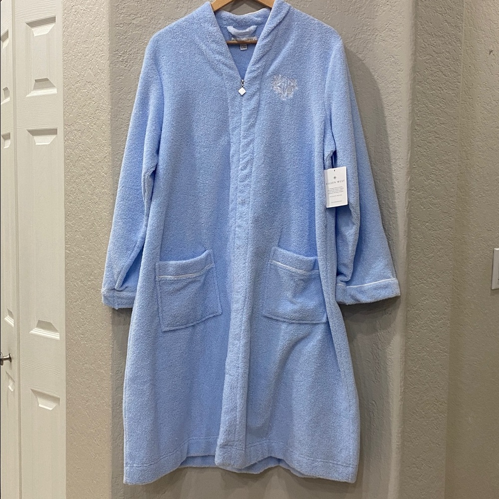 Eileen West Womens L/XL Robe Waltz Quilted Heather Diamond Blue Full Zip Pockets